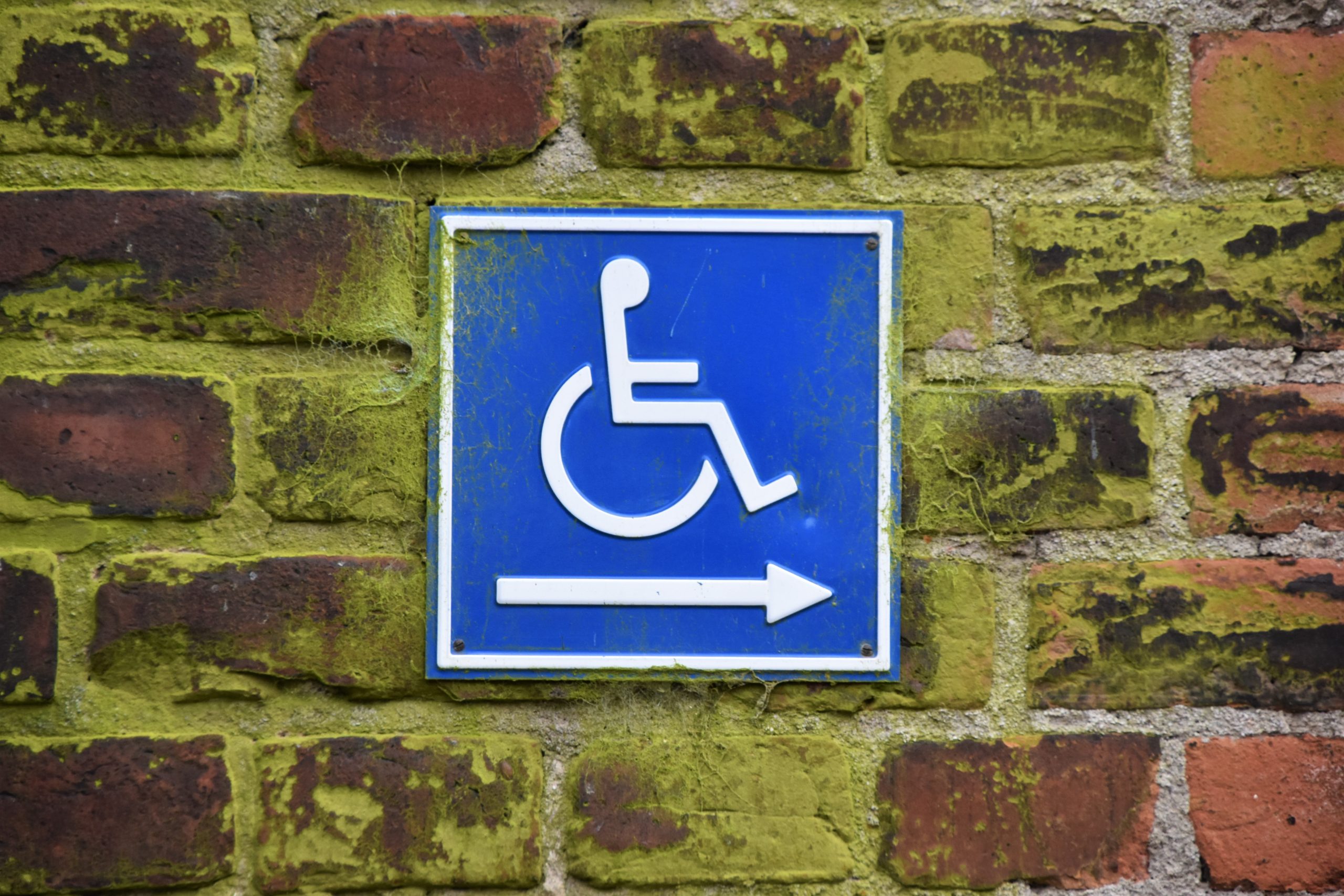 A photograph of a square blue sign with the white international wheelchair symbol on it. Below the image of the white figure in the wheelchair is a white arrow pointing to the right. The sign is on an old brick wall covered in green moss.